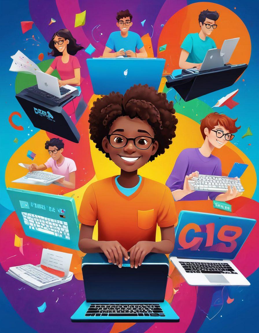A colorful collage of various engaging typing games in action, depicting diverse players of all ages, smiling and focused on their screens. Include a vibrant, interactive environment filled with playful typography elements swirling around, like letters bouncing and floating in the air. Bright colors and dynamic shapes inspire energy and excitement in the scene. cartoonish style. vibrant colors. playful background.