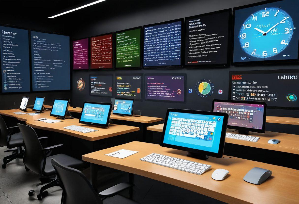 A dynamic workspace featuring a variety of typing exercises displayed on sleek digital screens, with colorful graphics illustrating keyboard shortcuts and speed metrics. Show a diverse group of people engaged in interactive typing practice, with joyful expressions, surrounded by floating text and animated letters flying around. Include elements such as clock timers and achievement badges to symbolize mastery. vibrant colors. modern design. high-tech ambiance.